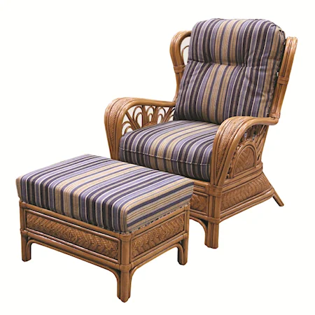 Wicker Rattan Framed Upholstered Chair and Ottoman
